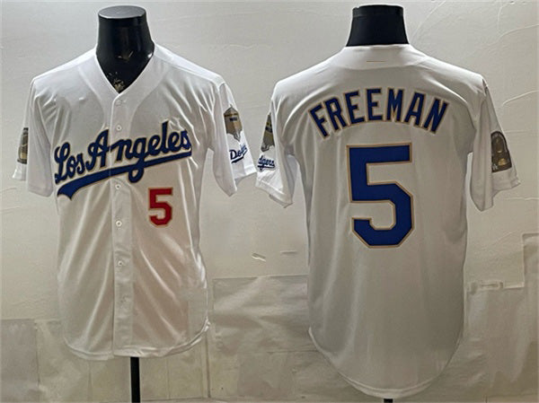 Los Angeles Dodgers #5 Freddie Freeman White Puhics 2026 Gold Collection 9x & B2B Champs Patch Stitched Jersey