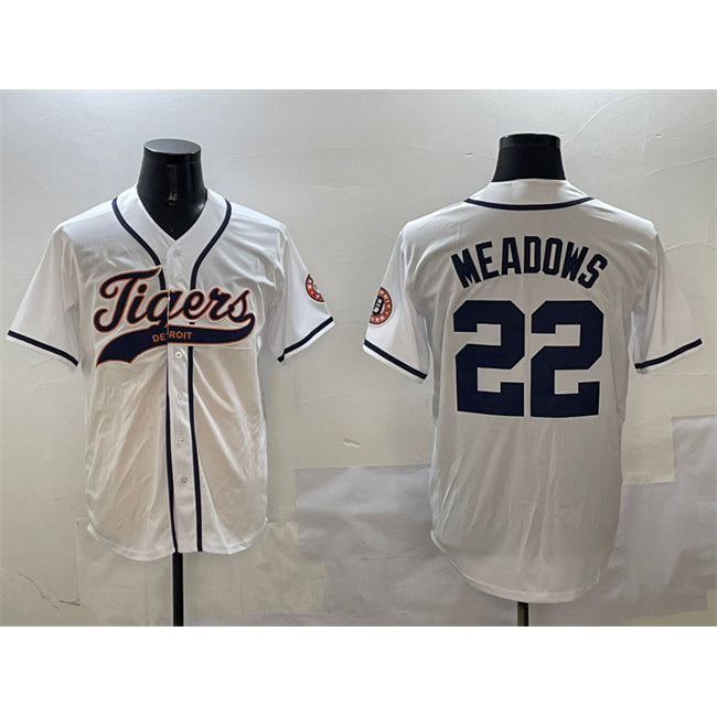 Detroit Tigers #22 Parker Meadows White Puhics With Patch Cool Base Stitched Jersey