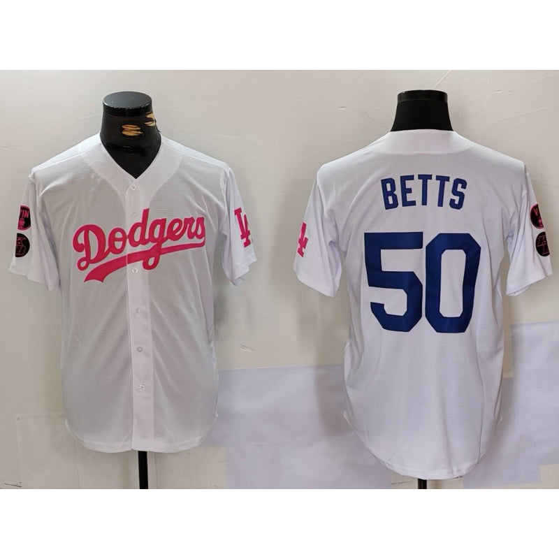 Los Angeles Dodgers #50 Mookie Betts White Pink Puhics Vin & Kobe Patch Stitched Jersey1