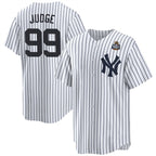 New York Yankees #99 Aaron Judge White Puhics 2024 World Series With Name Cool Base Stitched Jersey