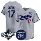 Los Angeles Dodgers #17 Shohei Ohtani Gray Puhics 2025 World Series With No. 34 Patch Limited Stitched Jersey