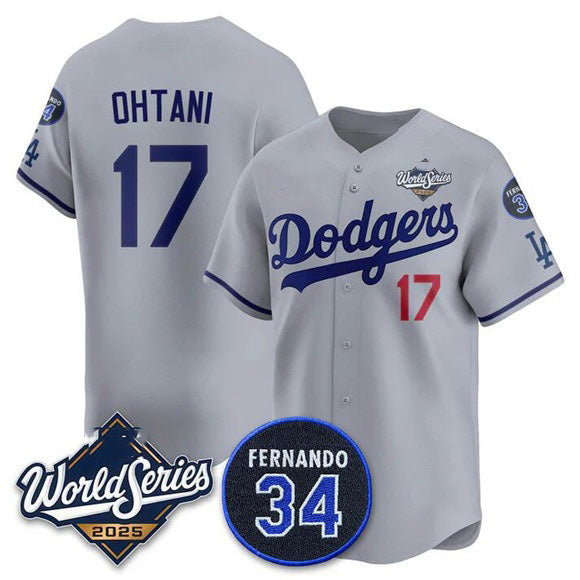 Los Angeles Dodgers #17 Shohei Ohtani Gray Puhics 2025 World Series With No. 34 Patch Limited Stitched Jersey