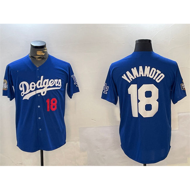 Los Angeles Dodgers #18 Yoshinobu Yamamoto Royal Puhics 2024 World Series Patch Alternate Limited Stitched Jersey