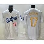 Los Angeles Dodgers #17 Shohei Ohtani Number White Gold Puhics Stitched Cool Base Jersey 2