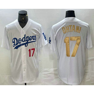 Los Angeles Dodgers #17 Shohei Ohtani Number White Gold Puhics Stitched Cool Base Jersey 2