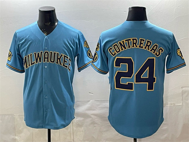 Milwaukee Brewers #24 William Contreras Blue Puhics With Home & Bob Uecker Patch Stitched Jersey