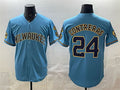 Milwaukee Brewers #24 William Contreras Blue Puhics With Home & Bob Uecker Patch Stitched Jersey