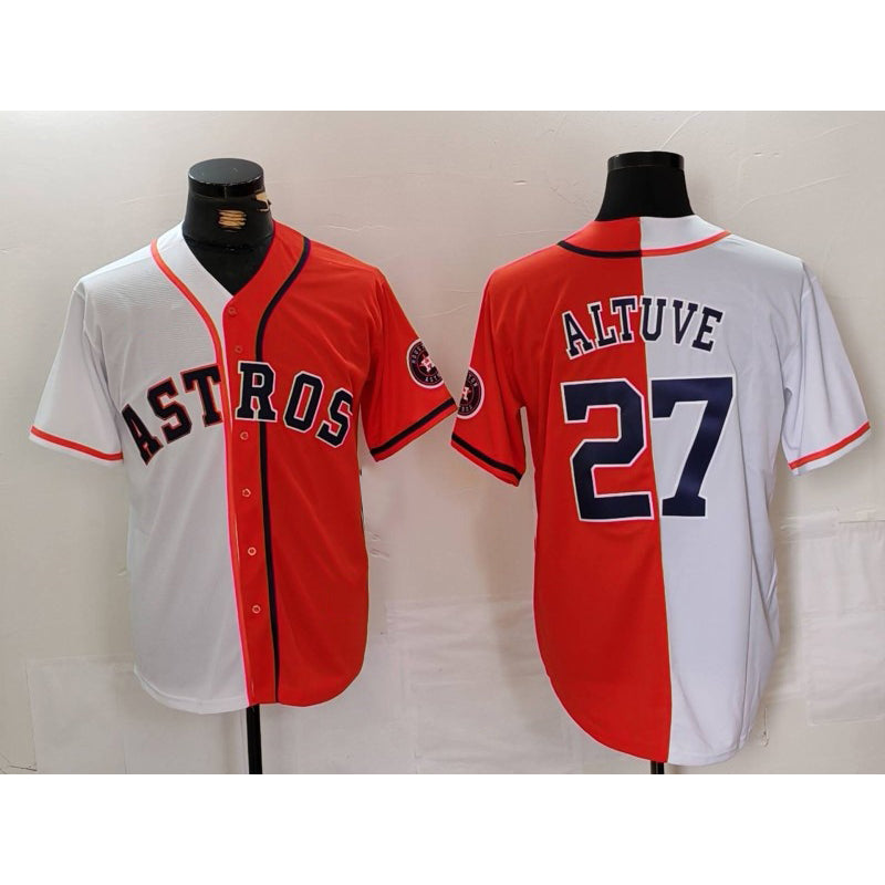 Houston Astros #27 Jose Altuve White Orange Puhics Blue Number Split Stitched Jersey 2