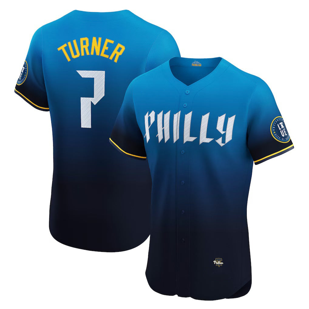 Philadelphia Phillies #7 Trea Turner Navy Puhics City Connect Elite Jersey