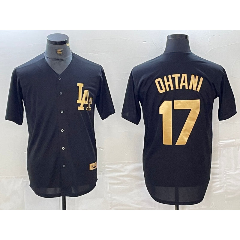 Los Angeles Dodgers #17 Shohei Ohtani Black Gold Puhics Cool Base Stitched Jersey