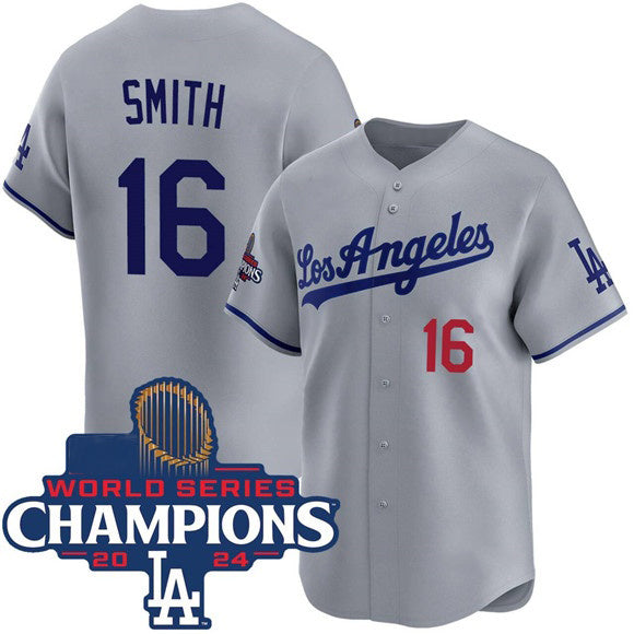 Los Angeles Dodgers #16 Will Smith Gray Puhics 2024 World Series Champions Patch Limited Stitched Jersey
