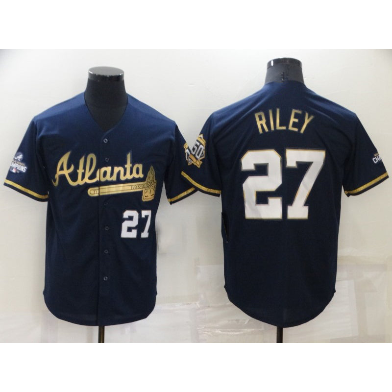 Atlanta Braves #27 Austin Riley 2022 Navy Blue Puhics 2021 World Series Champions Golden Edition Stitched Cool Base Jersey