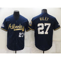 Atlanta Braves #27 Austin Riley 2022 Navy Blue Puhics 2021 World Series Champions Golden Edition Stitched Cool Base Jersey