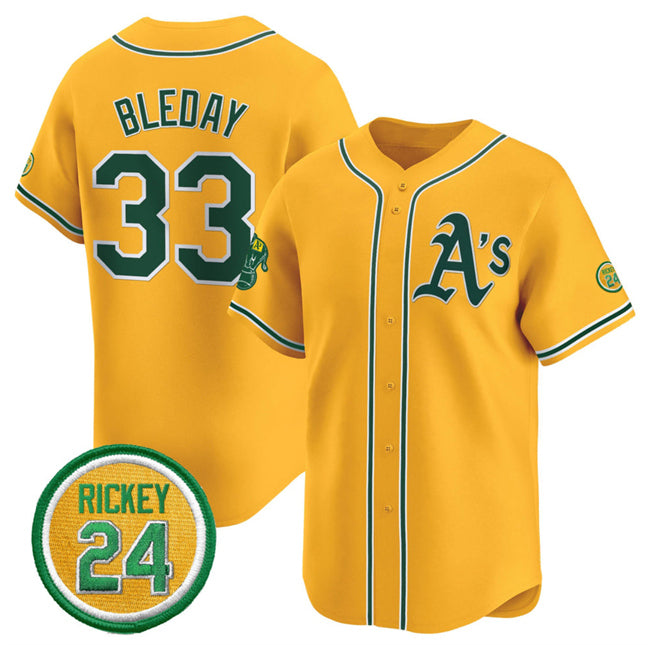 Oakland Athletics #33 JJ Bleday Yellow Puhics 2024 Limited With Rickey Henderson Patch Stitched Jersey