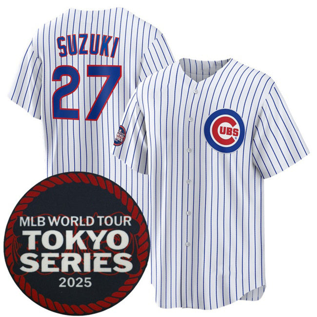 Chicago Cubs #27 Seiya Suzuki White Puhics 2025 World Tour Tokyo Series Home Stitched Jersey