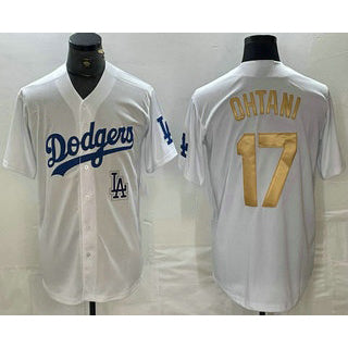 Los Angeles Dodgers #17 Shohei Ohtani White Gold Puhics Stitched Cool Base Jersey 2