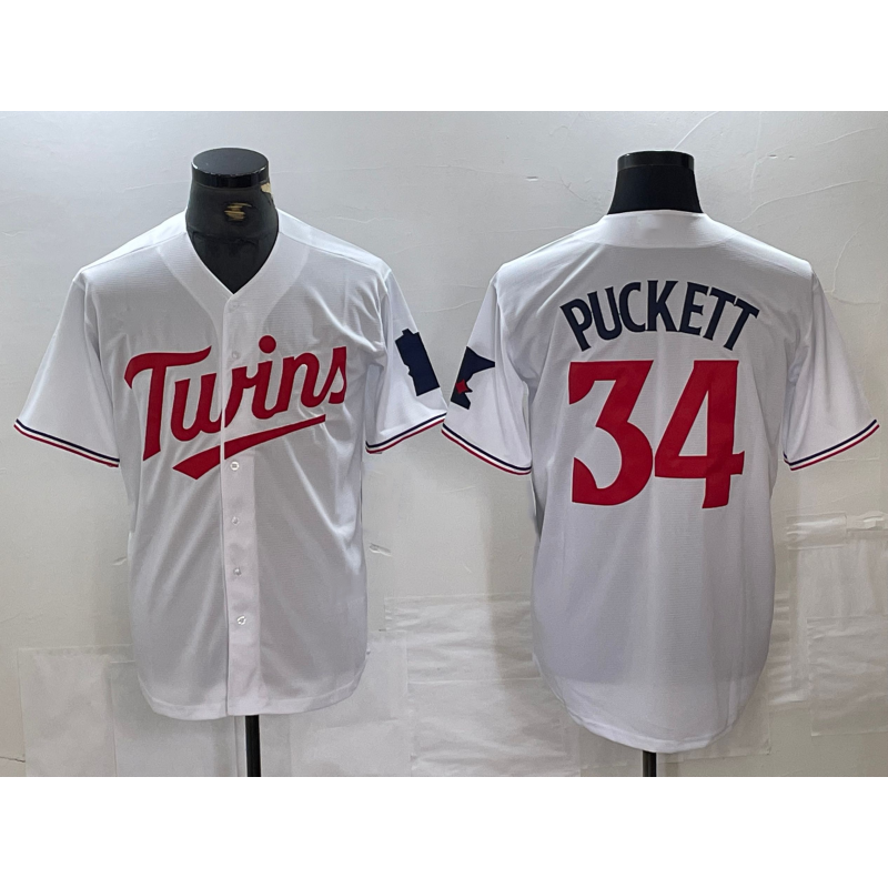 Minnesota Twins #34 Kirby Puckett White Red Puhics Stitched Cool Base Jersey