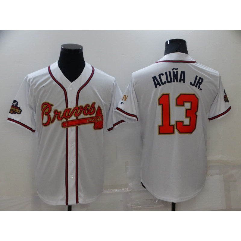 Atlanta Braves #13 Ronald Acuna Jr 2022 White Gold Puhics World Series Champions Program Cool Base Stitched Jersey