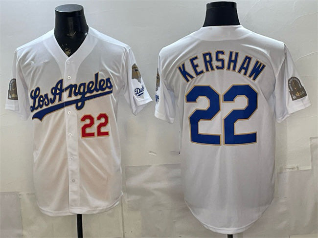 Los Angeles Dodgers #22 Clayton Kershaw White Puhics 2026 Gold Collection 9x & B2B Champs Patch Stitched Jersey