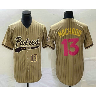 San Diego Padres #13 Manny Machado Number Tan Puhics Pinstripe 2023 City Connect Cool Base Stitched Jersey