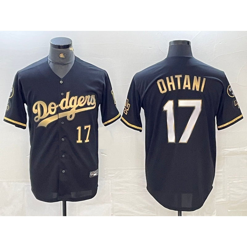 Los Angeles Dodgers #17 Shohei Ohtani Number Black Gold Puhics Stitched Cool Base Jersey 2