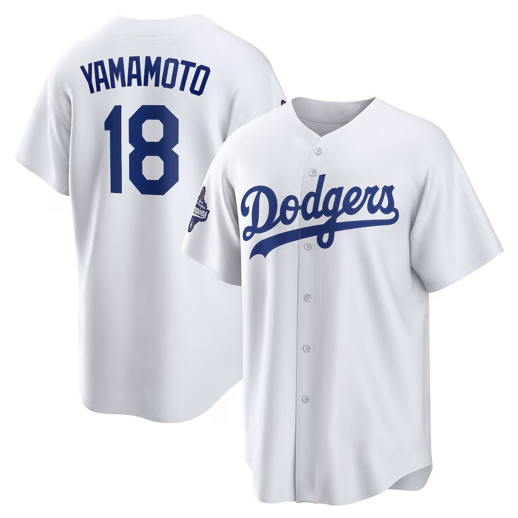 Los Angeles Dodgers #18 Yoshinobu Yamamoto White Puhics 2025 World Series Champions Home Replica Jersey