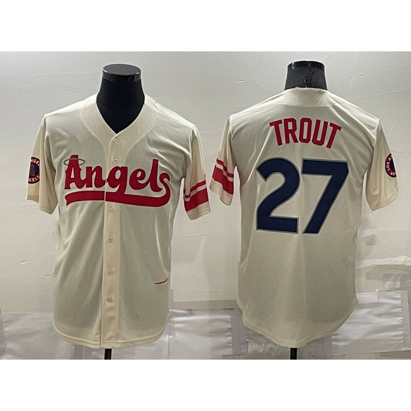 Los Angeles Angels #27 Mike Trout Cream Puhics 2022 City Connect Cool Base Stitched Jersey