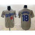 Los Angeles Dodgers #18 Yoshinobu Yamamoto Gray Puhics 2025 World Series Champions Patch Stitched Jersey