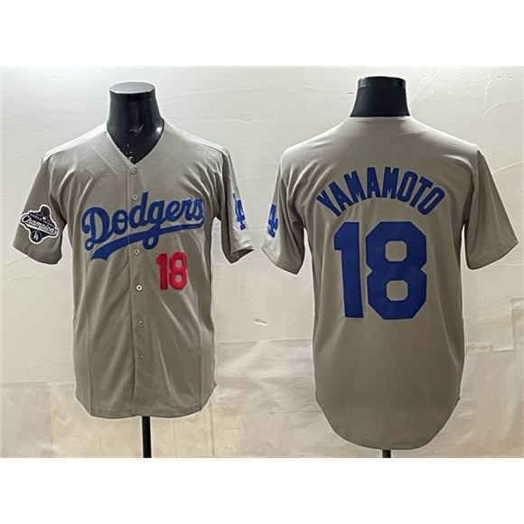 Los Angeles Dodgers #18 Yoshinobu Yamamoto Gray Puhics 2025 World Series Champions Patch Stitched Jersey