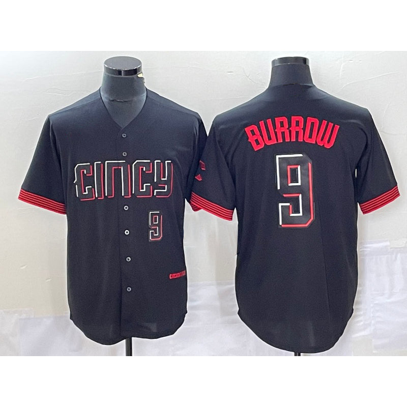 Cincinnati Reds #9 Joe Burrow Number Black Puhics 2023 City Connect Cool Base Stitched Jersey