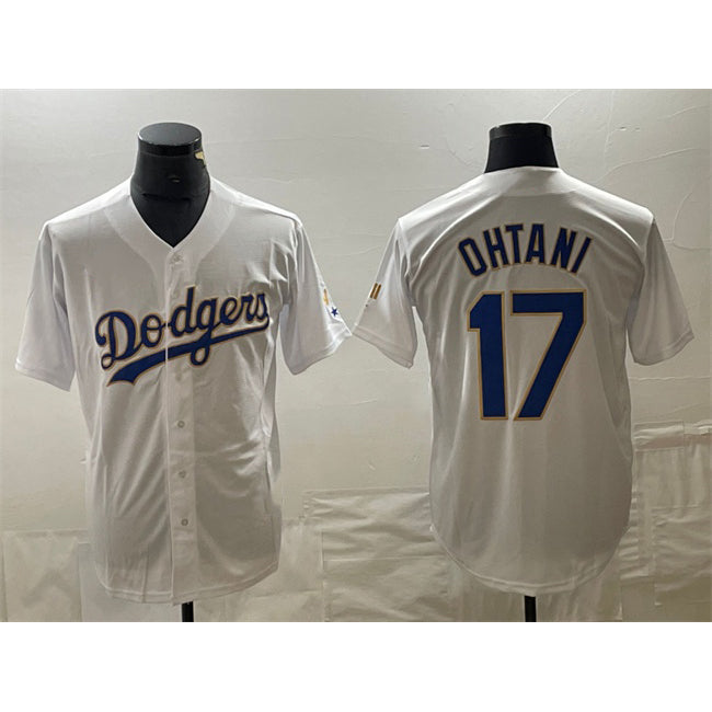 Los Angeles Dodgers #17 Shohei Ohtani White Gold Puhics Cool Base With Patch Stitched Jersey