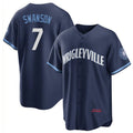 Chicago Cubs #7 Dansby Swanson Navy Puhics City Connect Cool Base Stitched Jersey