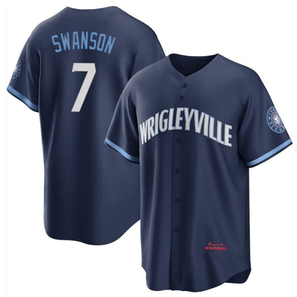 Chicago Cubs #7 Dansby Swanson Navy Puhics City Connect Cool Base Stitched Jersey