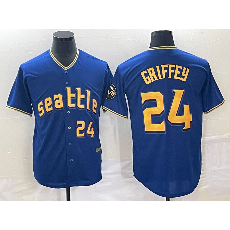 Seattle Mariners #24 Ken Griffey Number Blue Puhics 2023 City Connect Cool Base Stitched Jersey 2