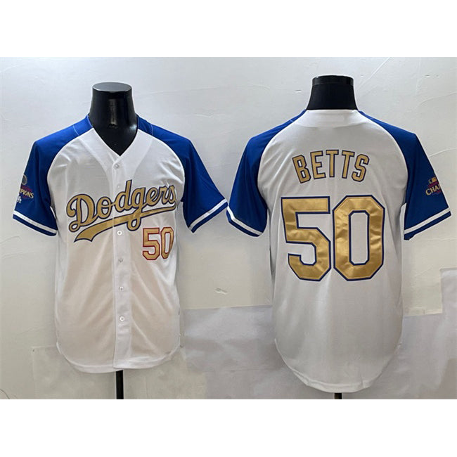 Los Angeles Dodgers #50 Mookie Betts White Royal Gold Puhics 2024 World Series Champions Vapor Limited Stitched Jersey