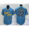 Milwaukee Brewers #22 Christian Yelich Number Blue Puhics 2022 City Connect Cool Base Stitched Jersey