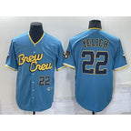 Milwaukee Brewers #22 Christian Yelich Number Blue Puhics 2022 City Connect Cool Base Stitched Jersey