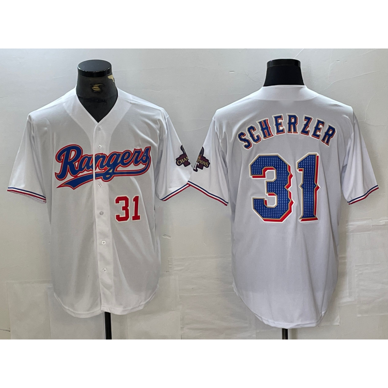 Texas Rangers #31 Max Scherzer Number White Puhics 2023 World Series Champions Cool Base Jersey 2