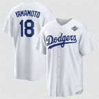 Los Angeles Dodgers #18 Yoshinobu Yamamoto White Puhics 2025 World Series Home Cool Base Stitched Jersey