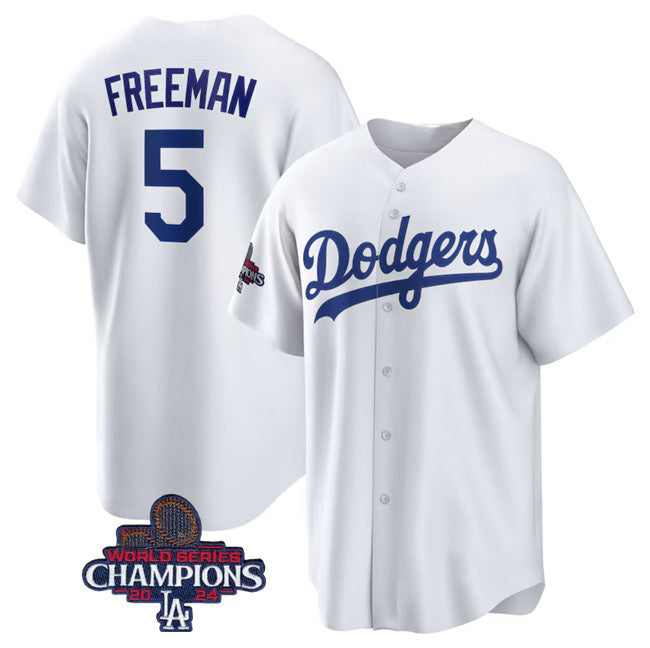 Los Angeles Dodgers #5 Freddie Freeman White Puhics 2024 World Series Champions Cool Base Stitched Jersey