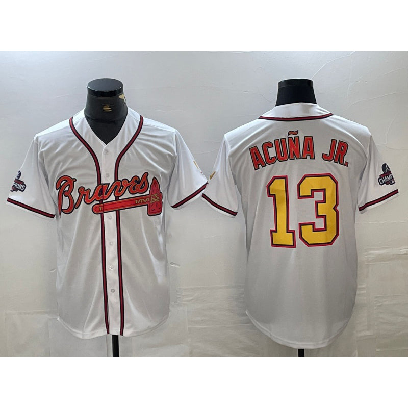 Atlanta Braves #13 Ronald Acuna Jr White Gold Puhics 2021 World Series Champions Stitched Cool Base Jersey