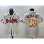 Atlanta Braves #13 Ronald Acuna Jr White Gold Puhics 2021 World Series Champions Stitched Cool Base Jersey
