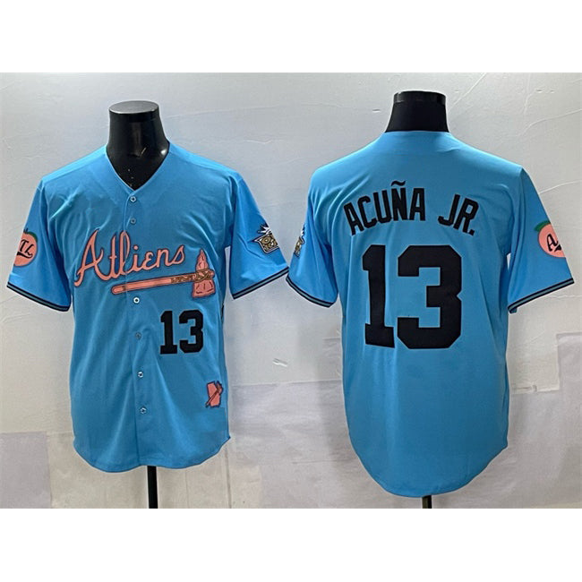 Atlanta Braves #13 Ronald Acuna Jr. Blue Puhics 2024 Atliens & Peach With Outkast Patch Vapor Limited Stitched Jersey