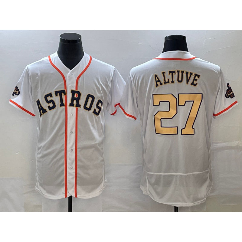 Houston Astros #27 Jose Altuve 2023 White Gold Puhics World Serise Champions Patch Flex Base Stitched Jersey