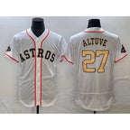 Houston Astros #27 Jose Altuve 2023 White Gold Puhics World Serise Champions Patch Flex Base Stitched Jersey