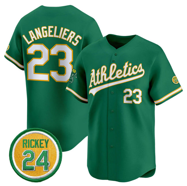 Oakland Athletics #23 Shea Langeliers Green Puhics 2024 Limited With Rickey Henderson Patch Stitched Jersey