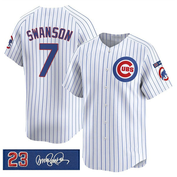 Chicago Cubs #7 Dansby Swanson White Puhics Pinstripe 'Ryne Sandberg Tribute' Vapor Limited V3 Stitched Jersey
