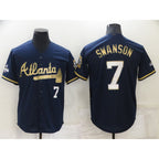 Atlanta Braves #7 Dansby Swanson Navy Blue Puhics 2021 World Series Champions Golden Edition Stitched Cool Base Jersey