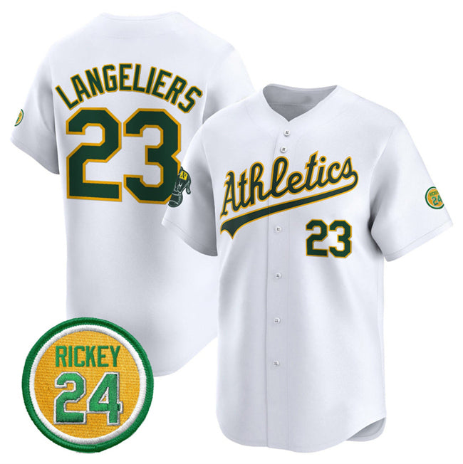 Oakland Athletics #23 Shea Langeliers White Puhics 2024 Home Limited With Rickey Henderson Patch Stitched Jersey