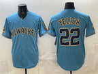Milwaukee Brewers #22 Christian Yelich Blue Puhics With Home & Bob Uecker Patch Stitched Jersey